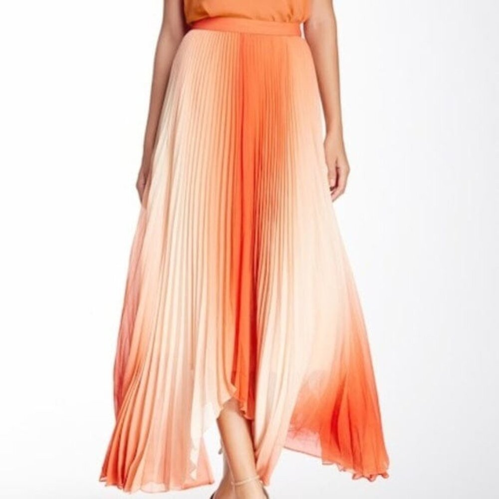 Alice + Olivia Women's Orange Ombre Asymmetrical Accordion Midi Skirt Size 4